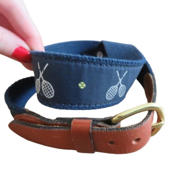 J. PRESS Tan Leather Tennis Woven Preppy Navy Belt - Men's Size 32 - Picture 1 of 14